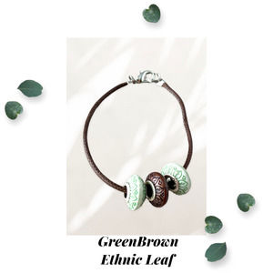 Green Brown - Metallic Leaf - Ethnic Euro Bead Bracelet - Brown Cord